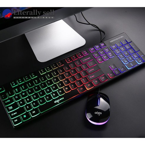 Literally sell 게이밍키보드 무소음키보드 초박형 멋진 백라이트 키보드 및 마우스 세트 사무용 키보드 레트로키보드 무소음마우스, 혼합색 키보드 및 마우스 세트