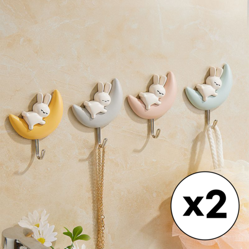 엘빈리빙 달토끼 벽걸이 후크 4종 x 2p 세트, 1세트, 핑크, 옐로우, 그레이, 스카이