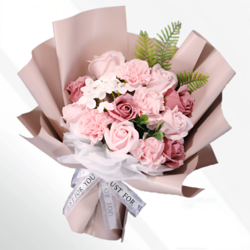 오로라 장미 비누꽃+쇼핑백 조화꽃다발 선물, 1개, 핑크 장미