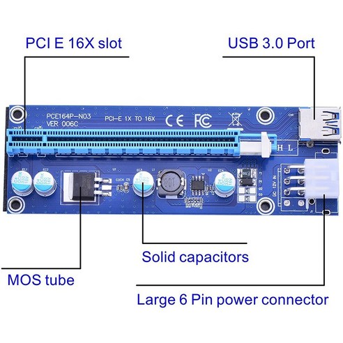 Lopbinte 6팩 6핀 PCIe PCI-E Express 1X ~ 16X 라이저 카드(6핀 15핀 SATA 전원 케이블 및 60cm USB 3.0 포함), 1