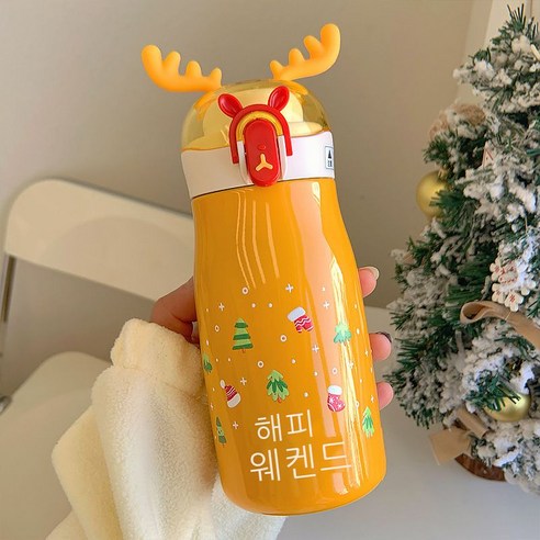 크리스마스 비주얼 커플 텀블러 만화 명절 선물 귀엽다 깜찍하다 휴대용 사슴뿔 물컵, 300ml, 노랑, 황색