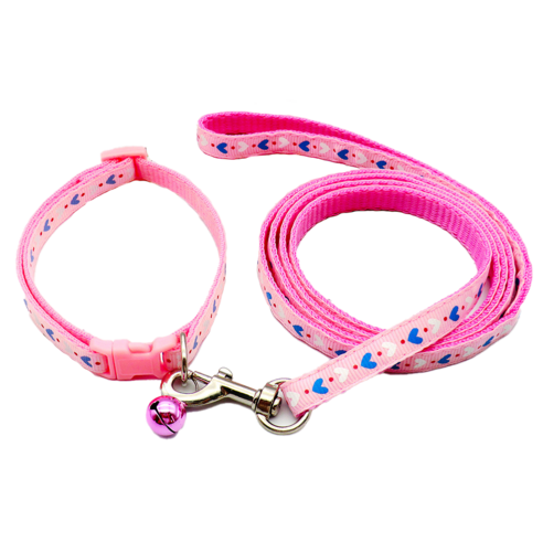 펫토리 초경량 목줄 + 리드줄 세트 새끼강아지 소형견 10mm 너비, 하트-분홍색, 1개