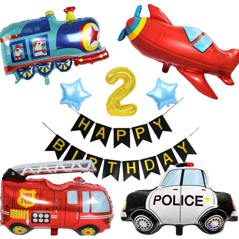 파파 파티 소방차 경찰차 자동차 비행기 생일 가랜드 숫자 풍선 세트, 1세트, 가랜드+숫자 2