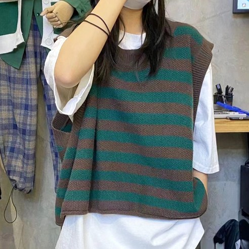 메이킹유 베스트 라운드넥 스트라이프 루즈핏 2332포에트조끼