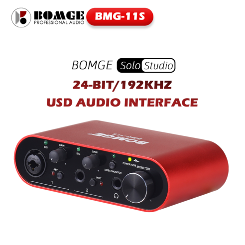 BOMGE BMG11S 3 세대 USB 오디오 커넥터 2i2 (24 비트/192khz)+기타 연주자 가수 하이파이 녹음실 품질 녹음을 위한 48v 환상 전원 공급 장치, red, BMG-11S