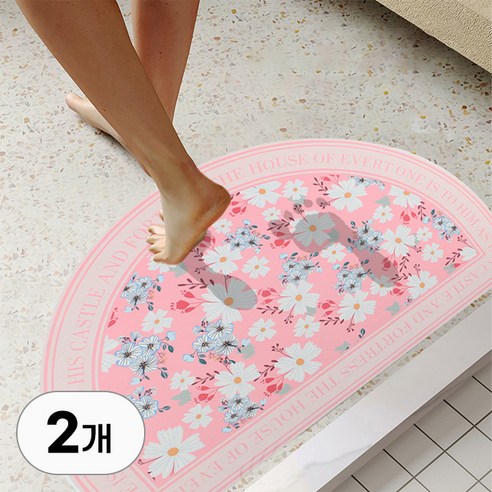 1+1 빨아쓰는 규조토 발매트 세트 플라워 패턴 폭신 물흡수 매트 인테리어 발판 받침 반원형 타원형 현관 욕실 주방 화장실 소품, 2개입, R99716B(반원형 핑크플라워, 1세트