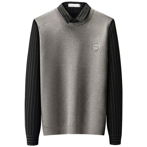 【DF】가짜 스웨터 남성 셔츠 칼라 바느질 스트라이프 한국 스타일 자수 선도 스웨터 새로운 가을 겨울 두꺼운