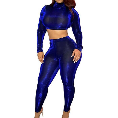 Emeili 2021 솔리드 컬러 스파클링 TurtleNeck 작물 탑 + 하이 허리 스키니 바지 복장 일일 파티를위한 긴팔 자르기 세트