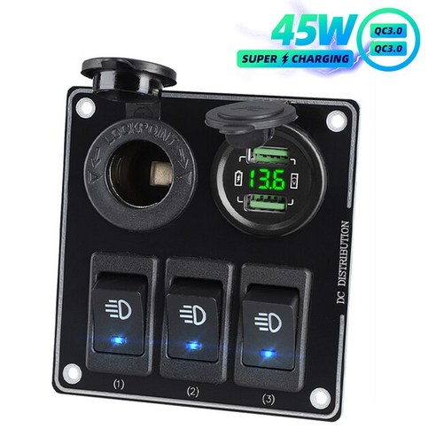 자동차 소켓 차량용 멀티탭전압계 12V 및 스위치 QC 3.0 듀얼 포트 빠른 Usb 자동차 충전기 담배 라이터, 12 3 Gang 45W-G
