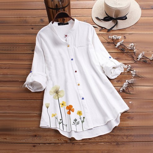 도오빠 DK34 여성 롱 셔츠 남방 오버핏 긴팔셔츠 헨리넥 블라우스 꽃무늬 무지 봄 여름 여자셔츠