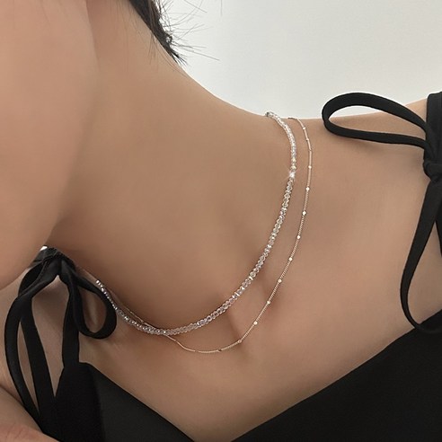 1+1 러브아이니 플라워 다이아컷팅 밴딩 비즈팔찌 비즈목걸이 7 오로라 크리스탈 투명 비즈 초커 목걸이