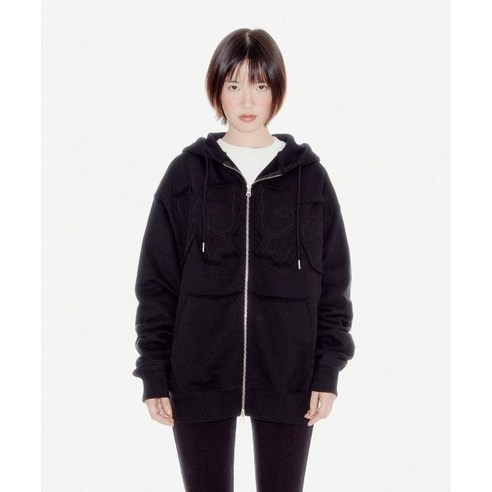 유희 YOUHEE RIBBON HOOD ZIP-UP BLACK