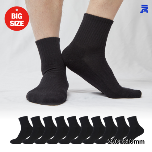 청춘양말 도톰바닥쿠션 BIG 큰발 전용 양말 중목 스포츠 10켤레, 블랙, 10개