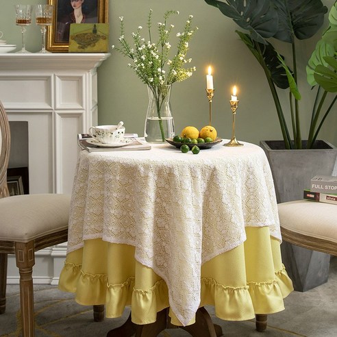 KORELAN 전원풍 레이스 원탁 식탁보 고급감 노란색 탁자 식탁 천 아메리칸 식탁보 원형 사치 현대, 애니 노란 둥근 식탁보[단독 식탁보]