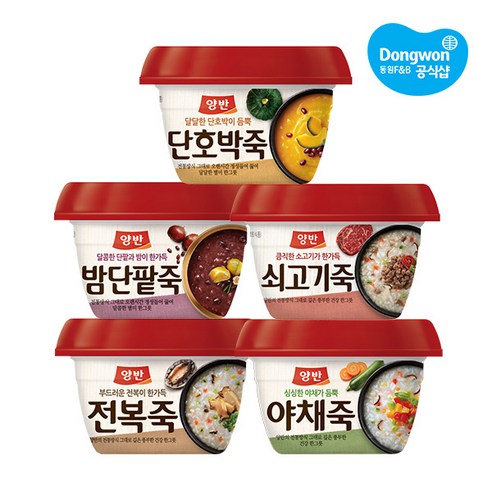 동원 양반죽 인기5종 10개(전복2 야채2 단팥2 단호박2 쇠고기2), 285g, 10개