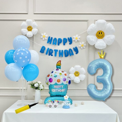 연지마켓 생일 파티 케이크 데이지 왕관 숫자 풍선 가랜드 세트, 1세트, 케이크 블루A 3