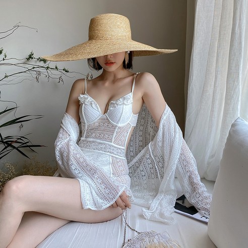 DFMEI 가을과 겨울 뜨거운 수영복 흑백 레이스 귀 측면 배꼽 커버 원피스 휴가 수영복, DFMEI 화이트