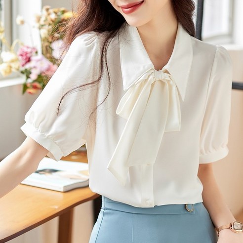 블라우스  디아리스 여름 반팔 리본 블라우스 8559