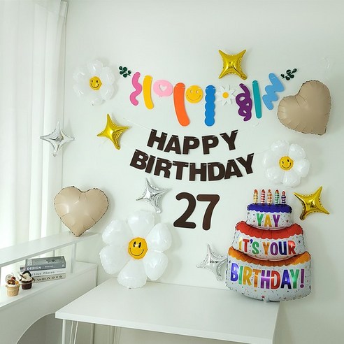 브라운가랜드 숫자펠트 데이지풍선 대형생일케익풍선 생일파티용품 세트, 1세트, 27번세트