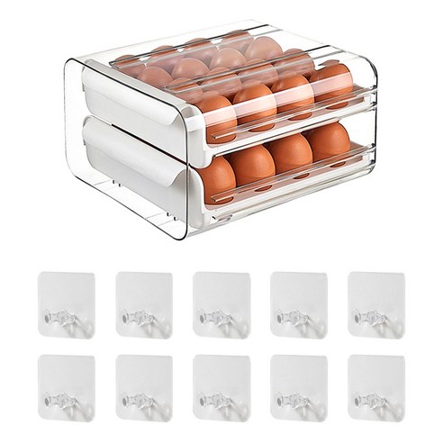 구디푸디 투명 2단 32구 계란 보관함 냉장고 정리 에그 트레이 + 코드걸이 10개, 화이트