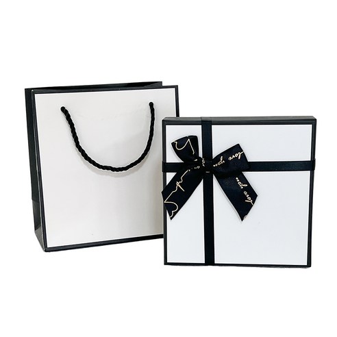 루루홈 리본 선물 포장 박스 + 종이가방 (2호 14 x 14 x 6.5), 블랙 앤 화이트