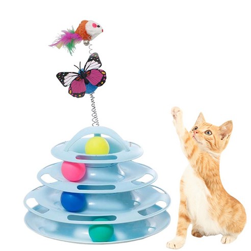 슈슈펫 4단 원반 디스크볼 고양이 장난감, 블루 방울쥐 흔들나비, 1개