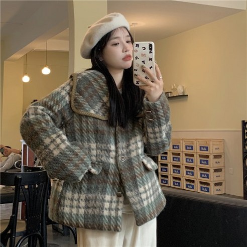 KORELAN 체크 모직 코트