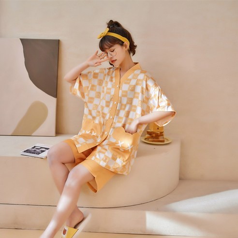 DFMEI 에뮬레이션 커플 반팔 반바지 파자마 캐릭터 남녀 카디건 기모노 반팔 커플홈웨어
