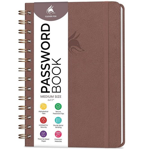 Clever Fox Password Book Spiral – 라미네이트 알파벳 탭이 있는 인터넷 주소 및 암호 정리함 - 보관 저널 하드커버 미디엄 사이즈 15.5x19.6cm, Dark Terraсotta