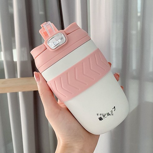 DFMEI 텀블러녀 심플 휴대용 하이비주얼 빨대컵 더블커피컵 스테인리스 물컵, 이중 음료 컵 가죽 가루 450ml, 싱글 컵