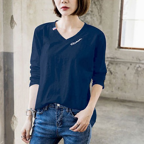 이노뱅크 루즈핏 브이넥 데일리 긴팔 티셔츠