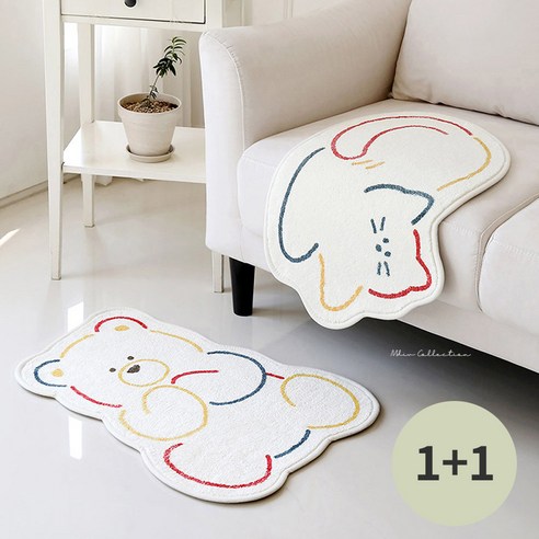 MDIV1+1두장세트 애니멀 베이직 미끄럼방지 발매트 미니러그-RS02, 고양이 + 곰돌이(2장구성)