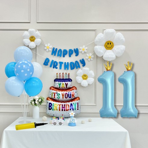 연지마켓 생일 파티 케이크 데이지 왕관 숫자 풍선 가랜드 세트, 1세트, 케이크 블루B 11