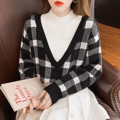 스팟실사~가을겨울새로운겉옷느슨한가짜두조각격자무늬풀오버스웨터여성니트스웨터