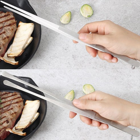 고급 스테인리스 요리 핀셋 세트 – 롱슬림 핀셋 + 롱라운드 핀셋, 고기집게 및 요리집게 2종세트