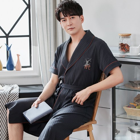 DFMEI 잠옷 남성용 여름 목욕 가운 면 잠옷 드레싱 가운 반팔 원피스 유카타 남성용 긴 기모노 남성용, DFMEIGZ1821897, 엘