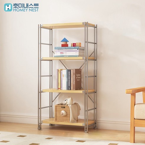 HOMEY NEST 고강도 다용도 조립식 거실 수납 선반 무타공 시스템선반 철제선반 조립식앵글 SSS-MPS, 4단, 우드
