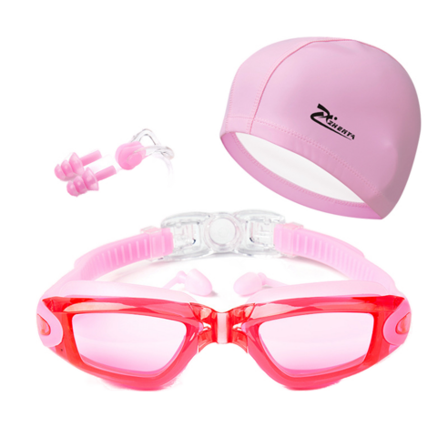 세계일주 수영 고글 HD 방수 안개 수영 모자 세트, 투명 핑크 3 피스 세트