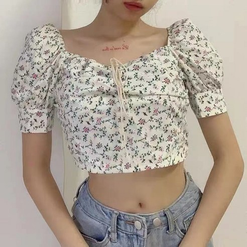 BINIWU 크로스보더 여름 샤프한 스퀘어넥 플라워 퍼프 소매 슬림해 보이는 짧은 티셔츠 블라우스녀