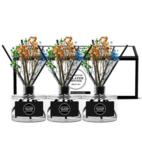 일라토스 플라워 디퓨저 200ml 3P + 섬유스틱 15P + 생화 3P 세트, 레몬 파라다이스 향