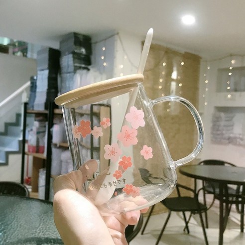 DFMEI 일본식 사쿠라 내고온 대용량 유리띠뚜껑 빨대 여학생 가정용 아침 우유컵 손잡이, DFMEI 사쿠라 D 스타일 [대나무 커버 + 스푼]