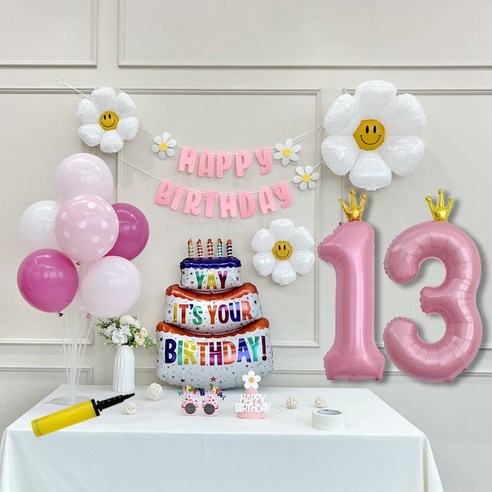 연지마켓 생일 파티 케이크 데이지 왕관 숫자 풍선 가랜드 세트, 1세트, 케이크 핑크B 13