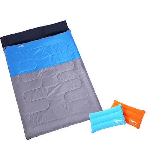 283616 야외 캠핑 더블 침낭 커플 배낭 하이킹 2 인용 담요 개 베개 포함 22m, Blue, 1개