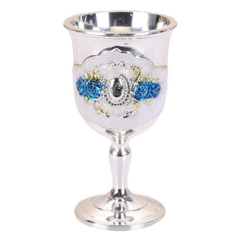 레트로 클래식 금속 작은 와인 잔 와인 잔 양각 컵 크리 에이 티브 우아한 컵 가정용 웨딩 파티 유럽 스타일, 실버 화이트, 푸른 꽃