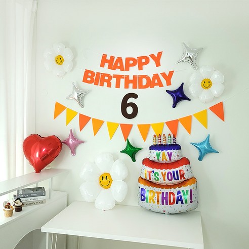 상큼화사 오렌지 펠트 생일가랜드 숫자펠트 전체 호일풍선 구성 생일파티용품 세트, 1세트, 숫자6번