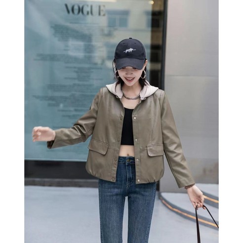 봄 가을 니트 후드 가죽 여성 자켓 데일리 레더 점퍼