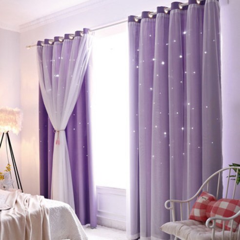 에쉬울프 펀칭 별 차광+레이스 이중지 커튼 1pc, 300*230cm, 퍼플
