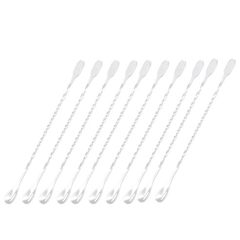 Retemporel 긴 손잡이 나선형 및 삼지창 포크가있는 10 팩 믹싱 스푼 인치 스테인레스 스틸 칵테일 교반기 바텐더 도구, 1개, 은