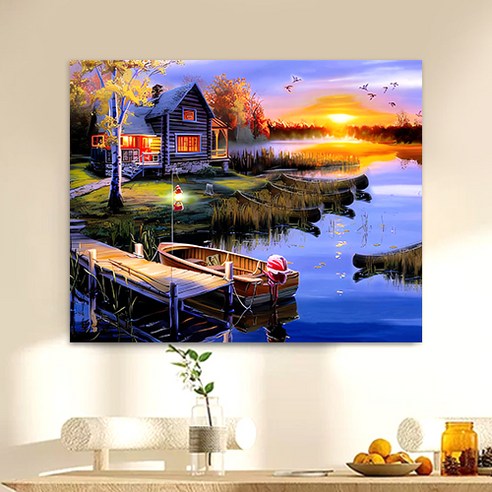 액자 캔버스형 보석십자수 DIY 키트 40 x 50 cm, SZX123.전원호숫가의 노을