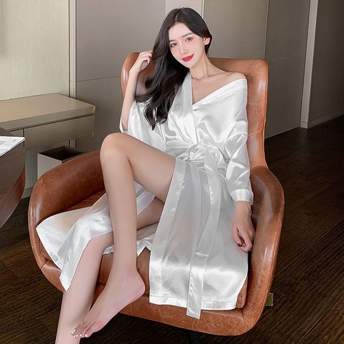 DFMEI-Y 가을 겨울 잠옷 여성 얼음 실크 긴팔 들러리 아침 가운 신부 웨딩 여성 호텔 목욕 가운, DFMEI B 화이트 반소매, S
